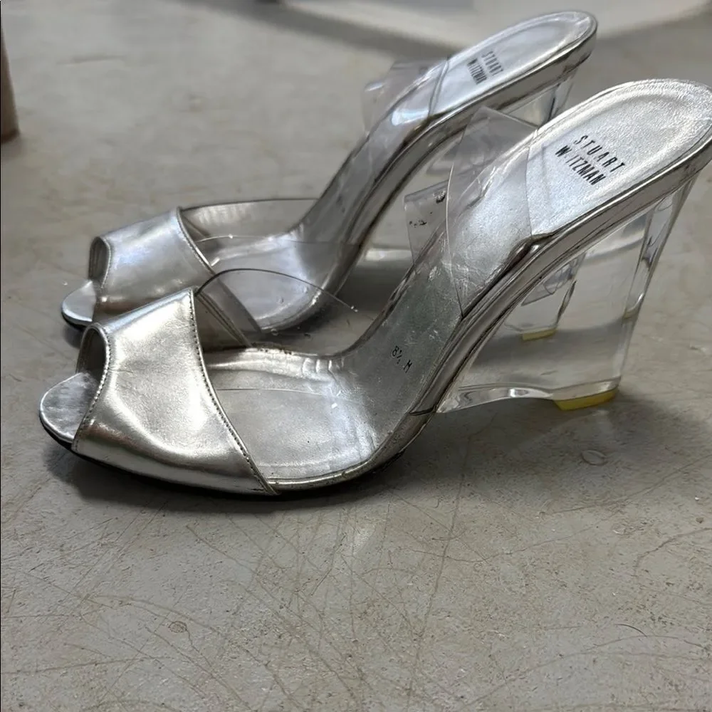 Stylish Silver Wedge Heels with Clear Straps - Stuart Weitzman Heels - Size 8